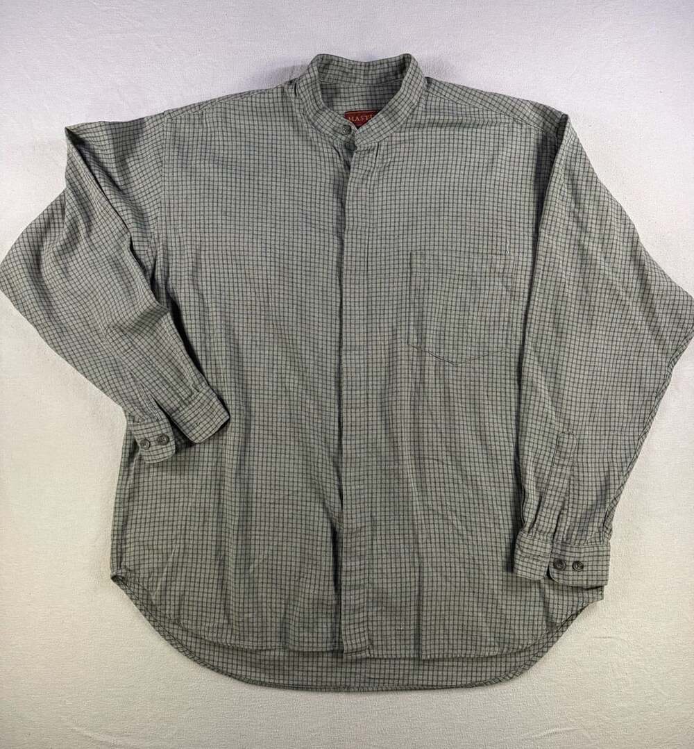 Hastings Long Sleeve Plaid Band Collar Shirt Size L Green